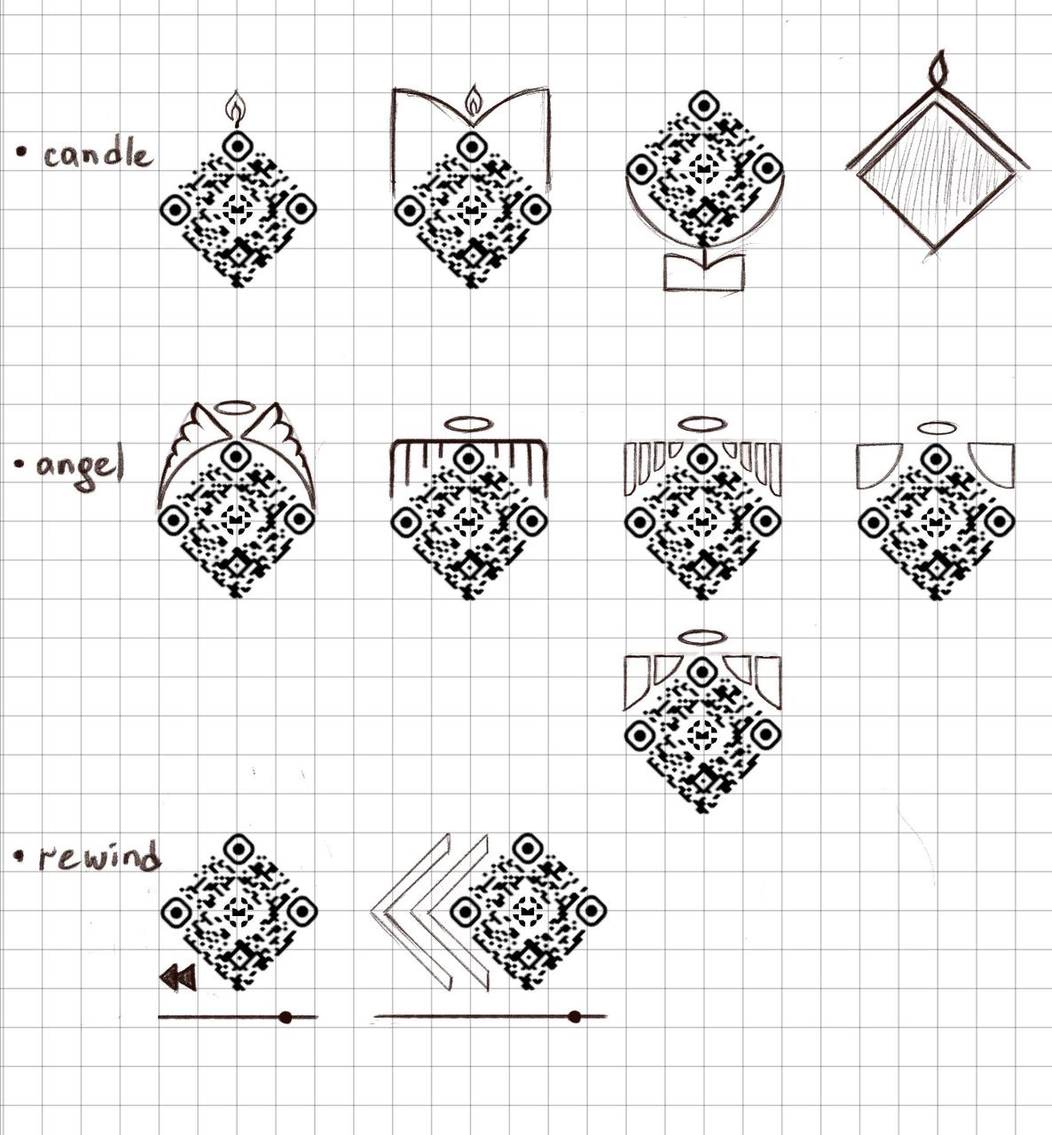 Hand-drawn angel and QR symbol studies