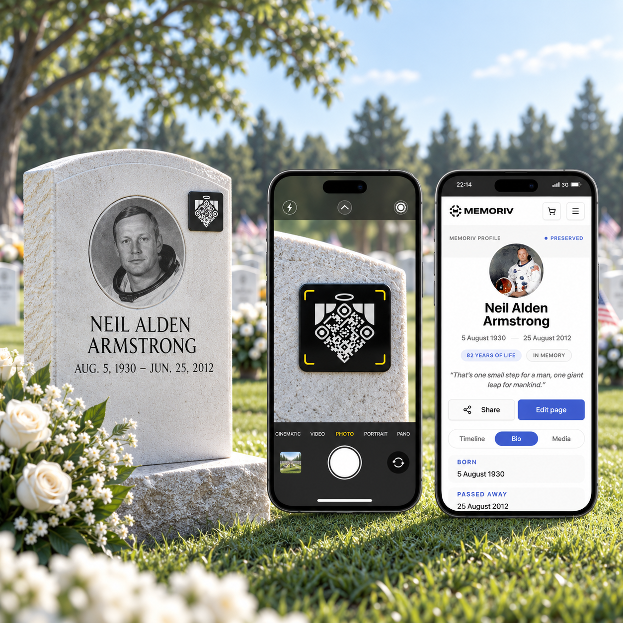 Memoriv medallion on Neil Armstrong's headstone with the memorial page open on a phone
